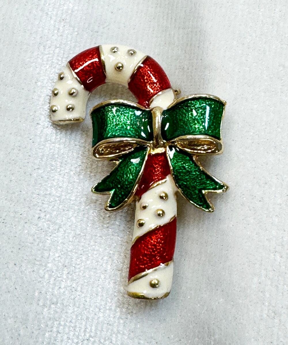 Vintage Enamel Christmas Candy Cane Brooch Pin Bow Holiday Jewelry 1.5" CP189